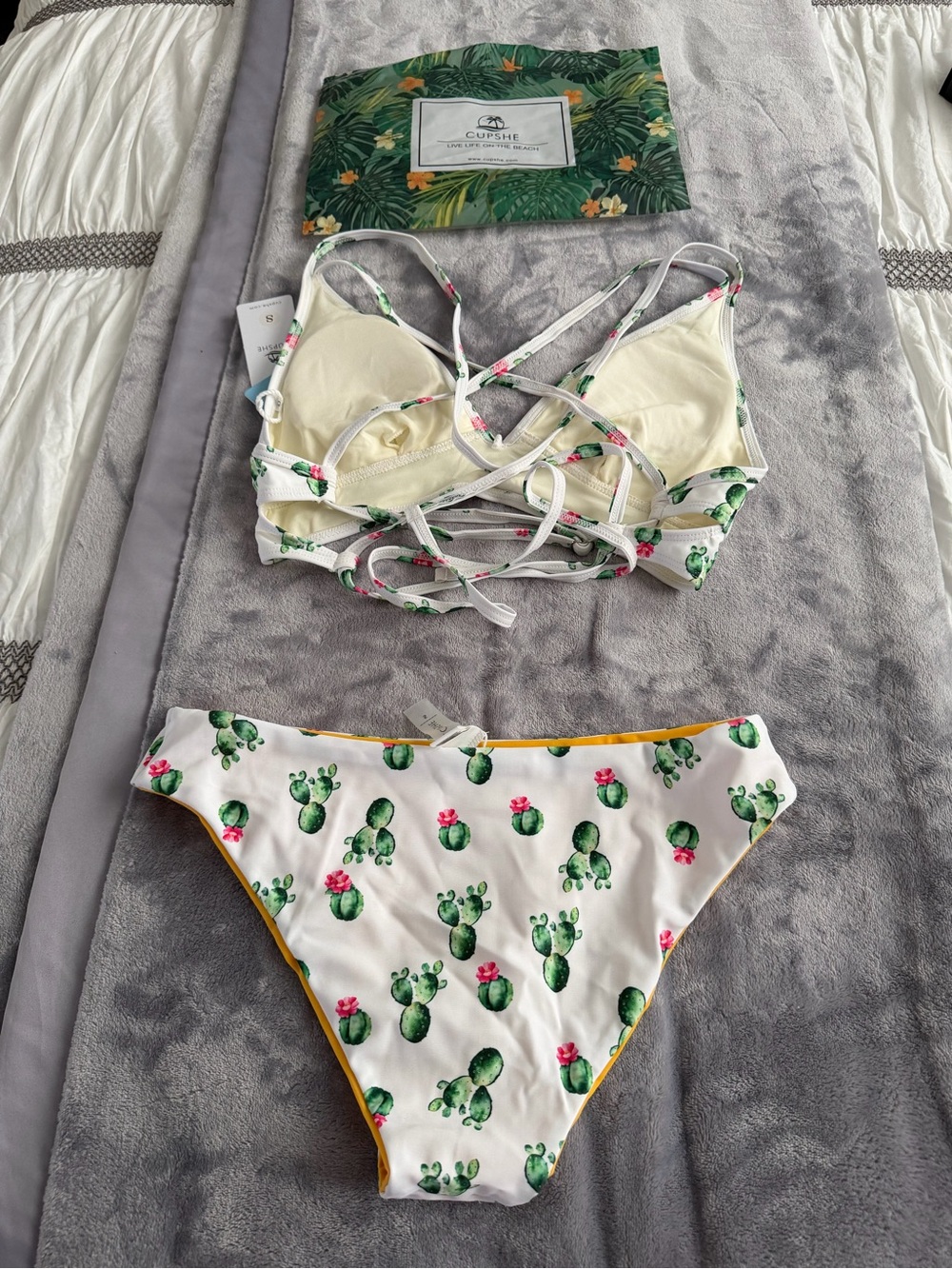Cupshe White Cactus Print Strappy Bikini with Yellow Lining - Picture 2 of 2